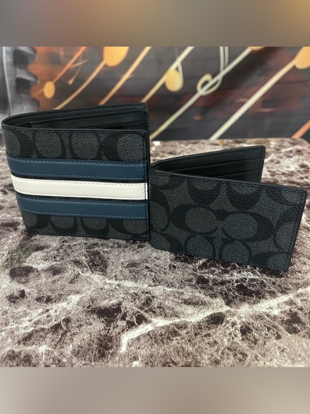 Coach Men’s Black Wallet with Blue and Cream Stripe Detail - Picture 2 of 4